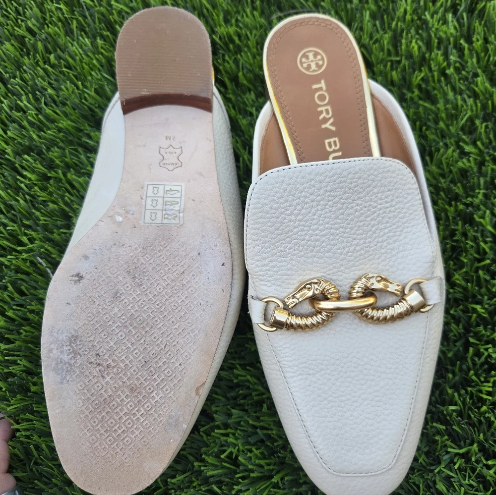 Tory Burch Cream Mules with Gold Chain Detail Size 7